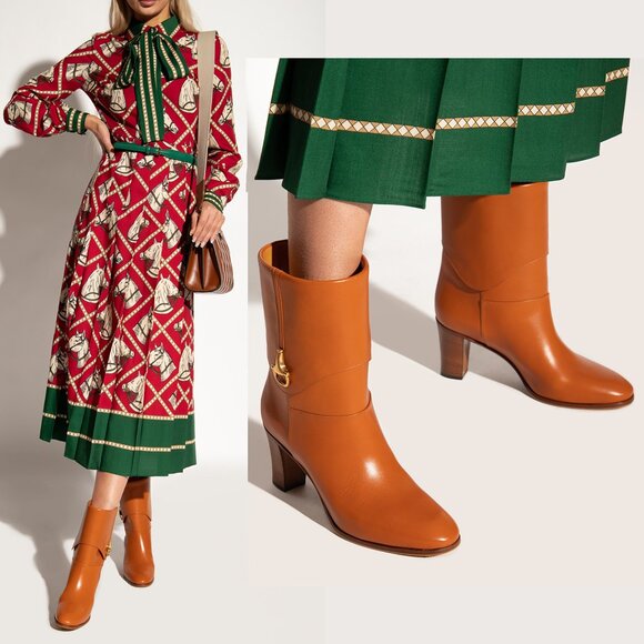 GUCCI BOOTS ELIZABETH HEELED ANKLE BROWN LEATHER w HORSEBIT - Picture 1 of 16